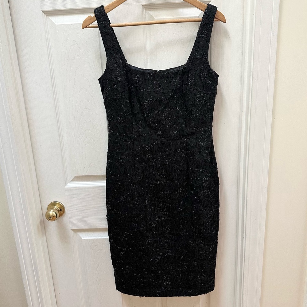 David Meister Beaded Black Mini Dress floral square neck 6